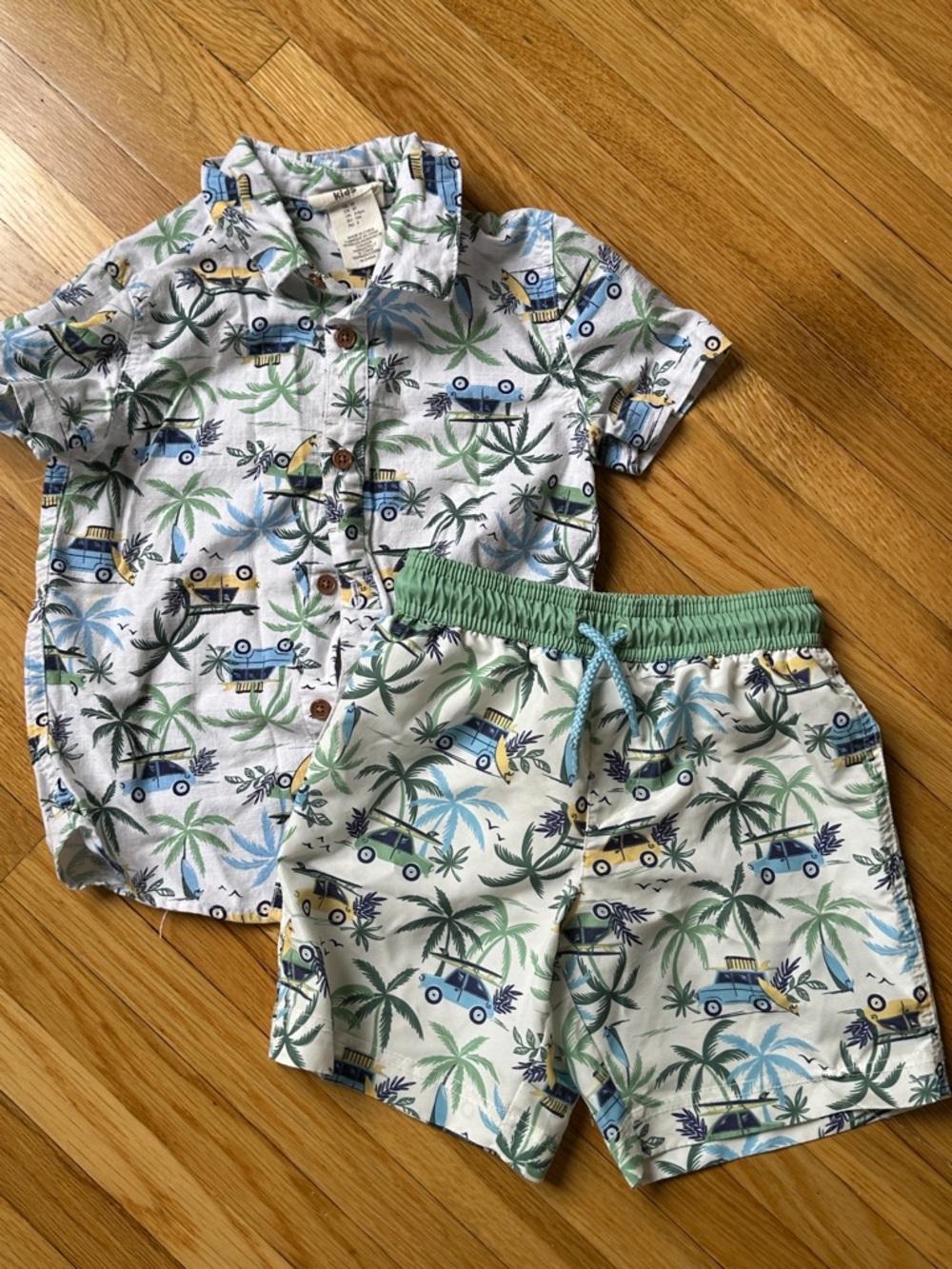 Children's Tropical Car Print Pajama Set - Green/Blue